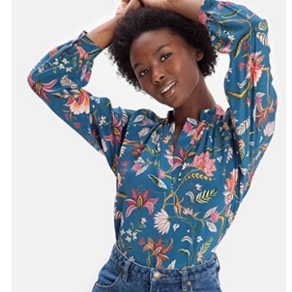 Tucker Long Sleeve Polo Blouse in Alice's Garden Floral Silk Crepe de Chine - Picture 1 of 9